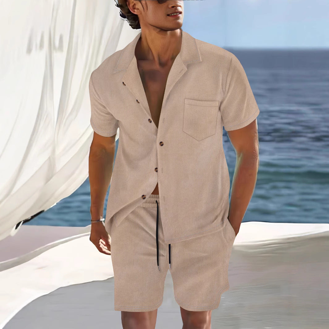 Ensemble aspect lin pour homme | Chemise manches courtes & short | Coordonné naturel prêt pour la plage - Kaki