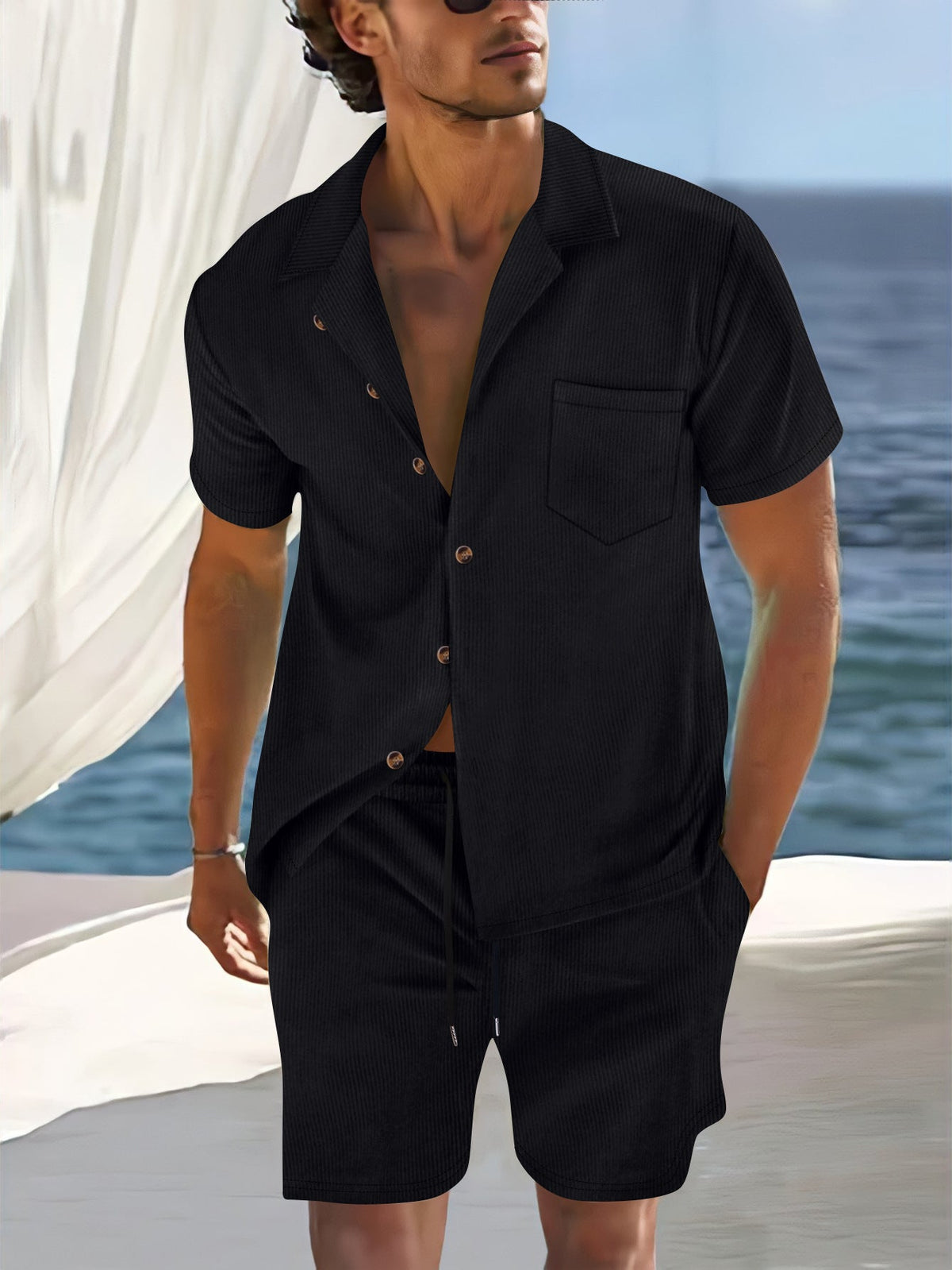 Ensemble aspect lin pour homme | Chemise manches courtes & short | Coordonné naturel prêt pour la plage - Noir