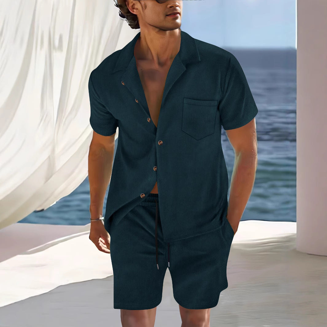 Ensemble aspect lin pour homme | Chemise manches courtes & short | Coordonné naturel prêt pour la plage - Vert foncé