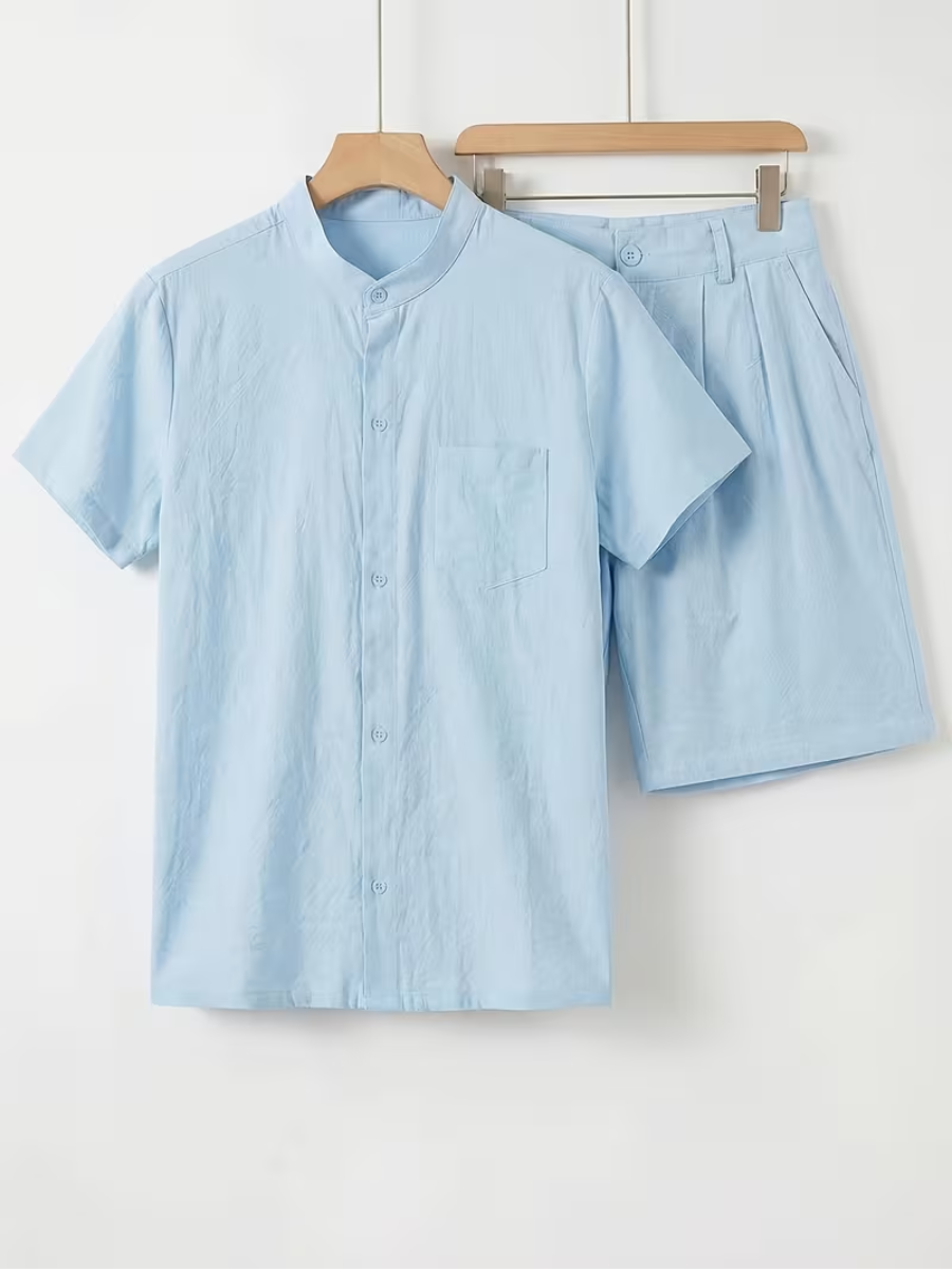 Ensemble Chemise à Col Mandarin pour Hommes - Bleu clair
