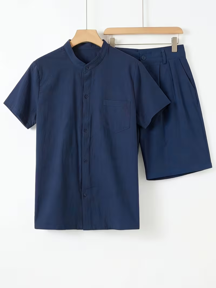 Ensemble Chemise à Col Mandarin pour Hommes - Bleu marine