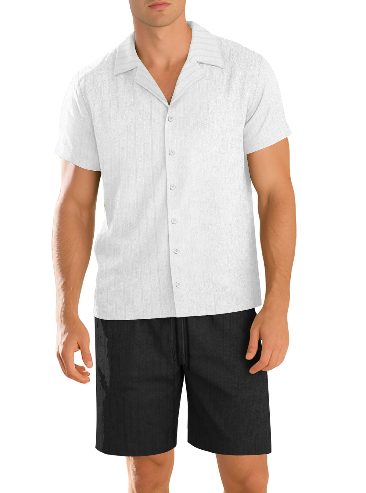 Ensemble chemise et pantalon décontracté pour homme – Manche courte tenue quotidienne durable - Blanc et noir
