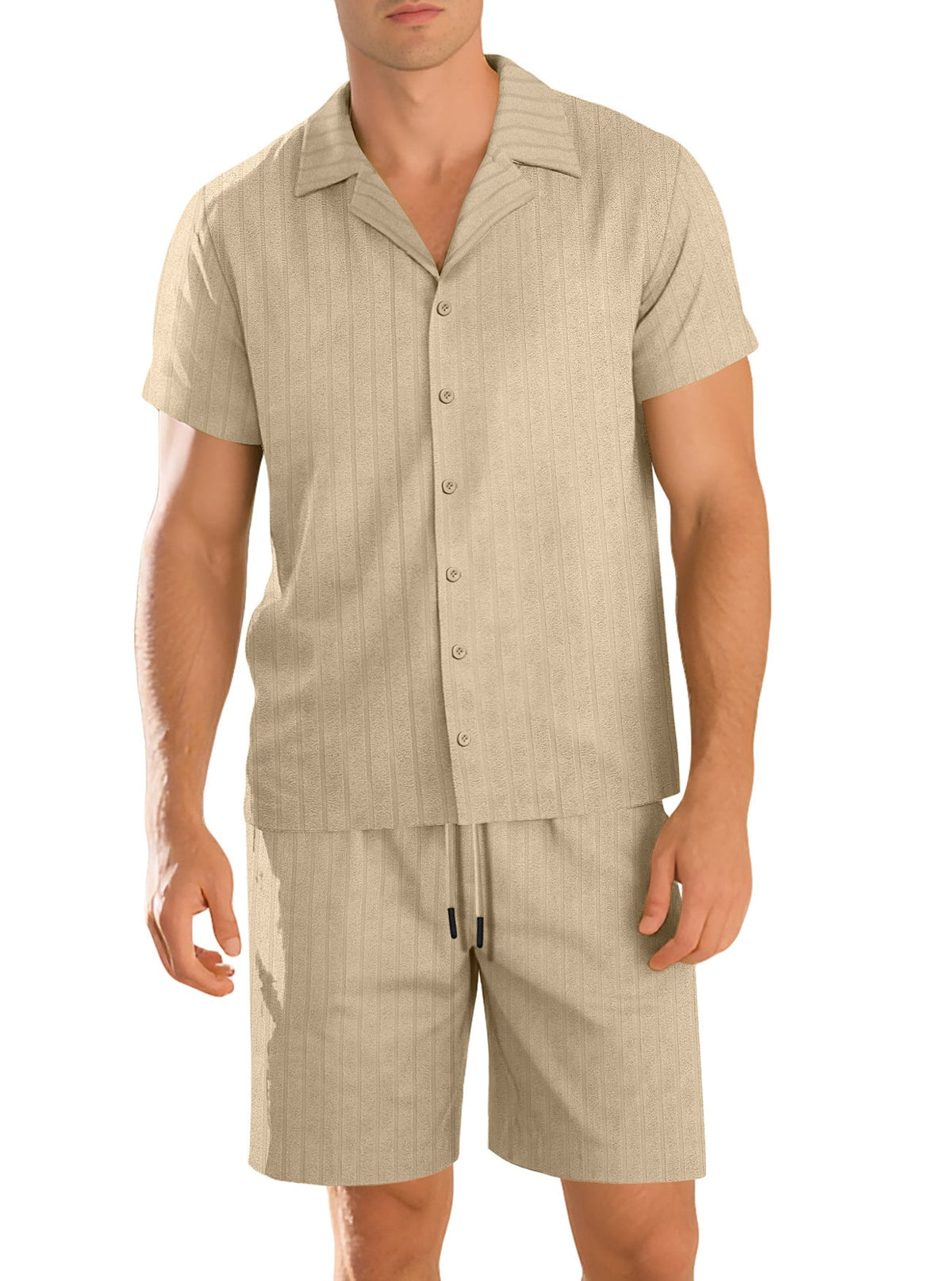 Ensemble chemise et pantalon décontracté pour homme – Manche courte tenue quotidienne durable - Kaki