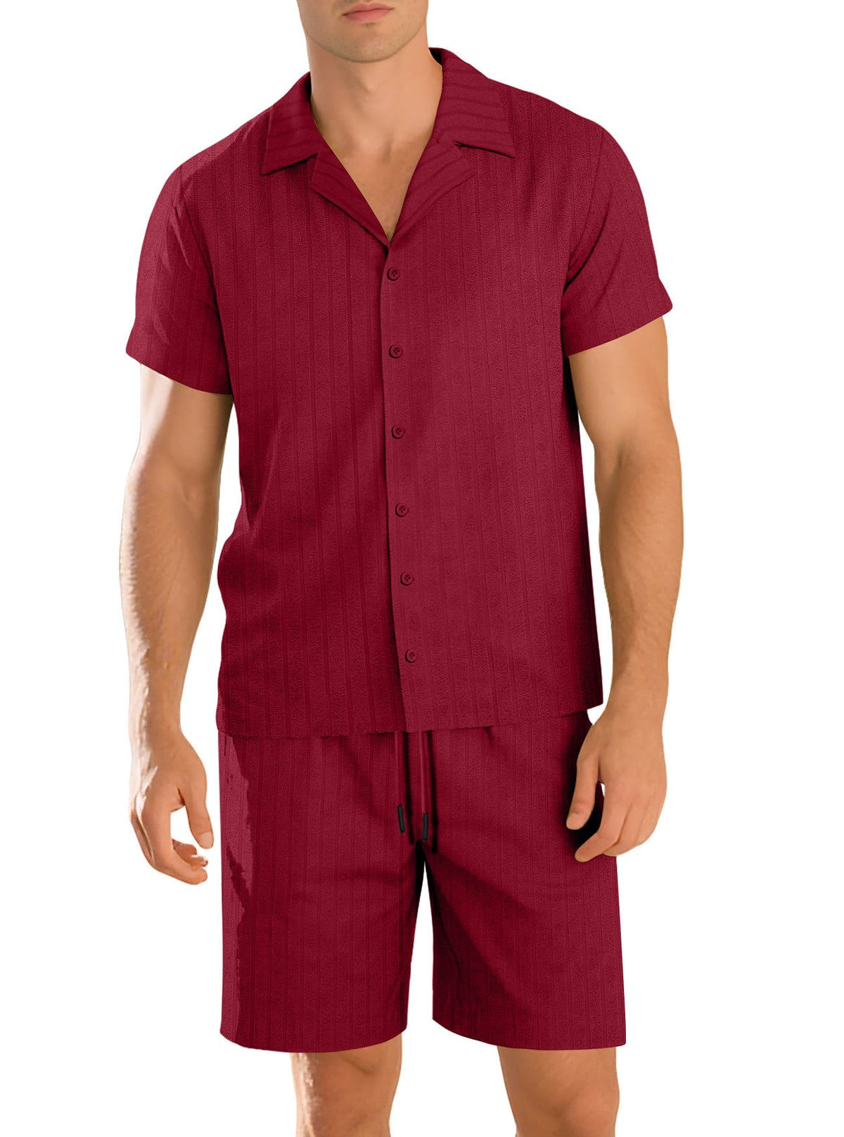 Ensemble chemise et pantalon décontracté pour homme – Manche courte tenue quotidienne durable - Vin Rouge