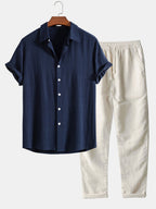 Ensemble Chemise Pantalon Été Décontracté Élégant en Lin Homme – Léger Respirant Deux Pièces Plage Décontractée - Bleu marine