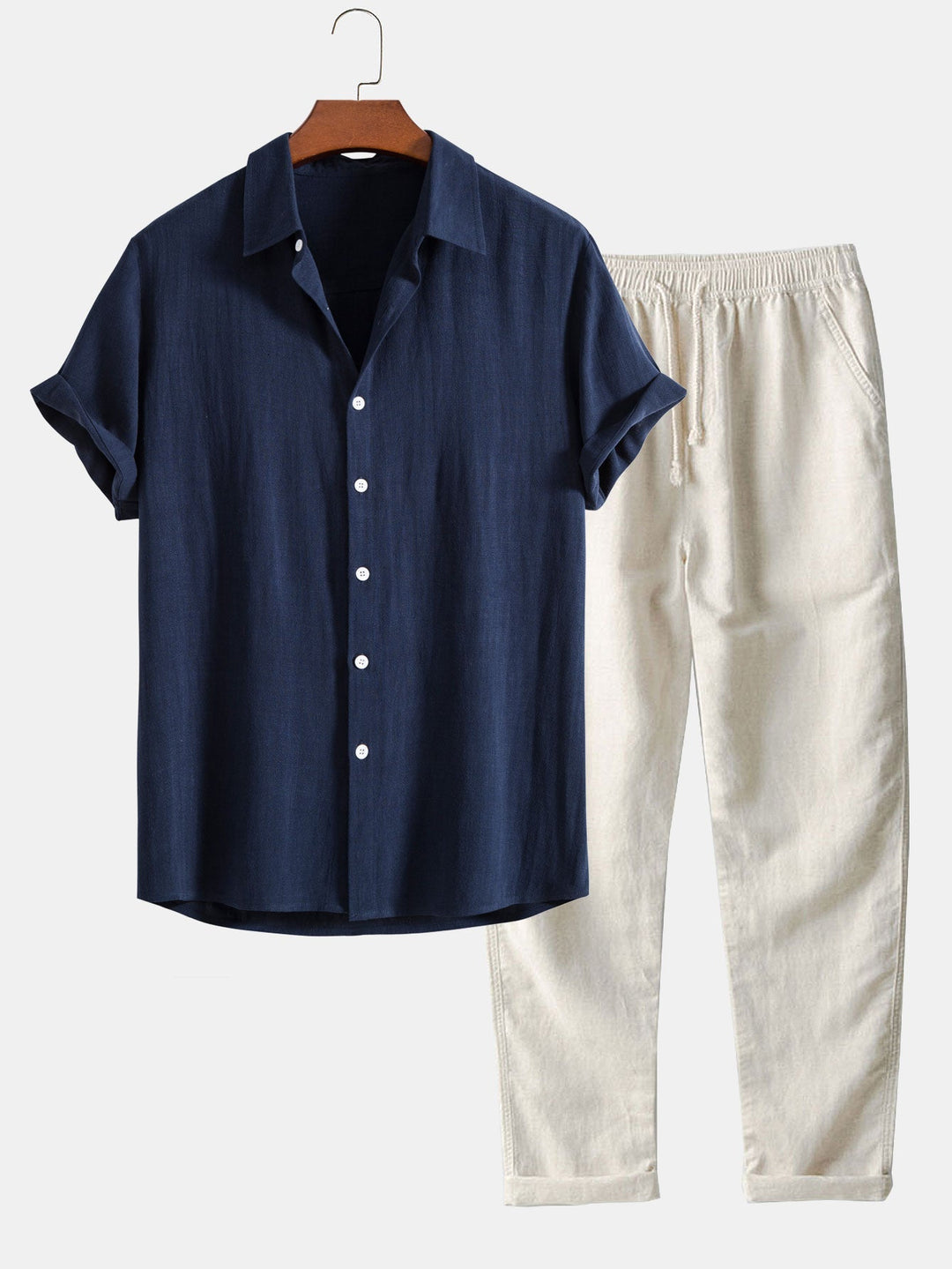 Ensemble Chemise Pantalon Été Décontracté Élégant en Lin Homme – Léger Respirant Deux Pièces Plage Décontractée - Bleu marine