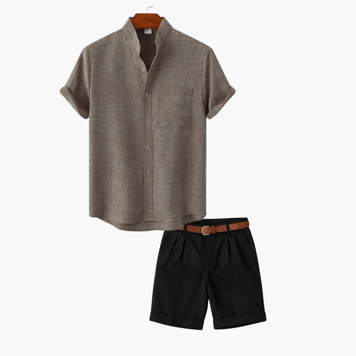 Ensemble col mao homme et short - Kaki