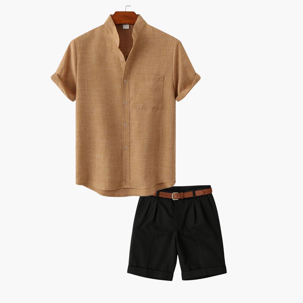 Ensemble col mao homme et short - Marron