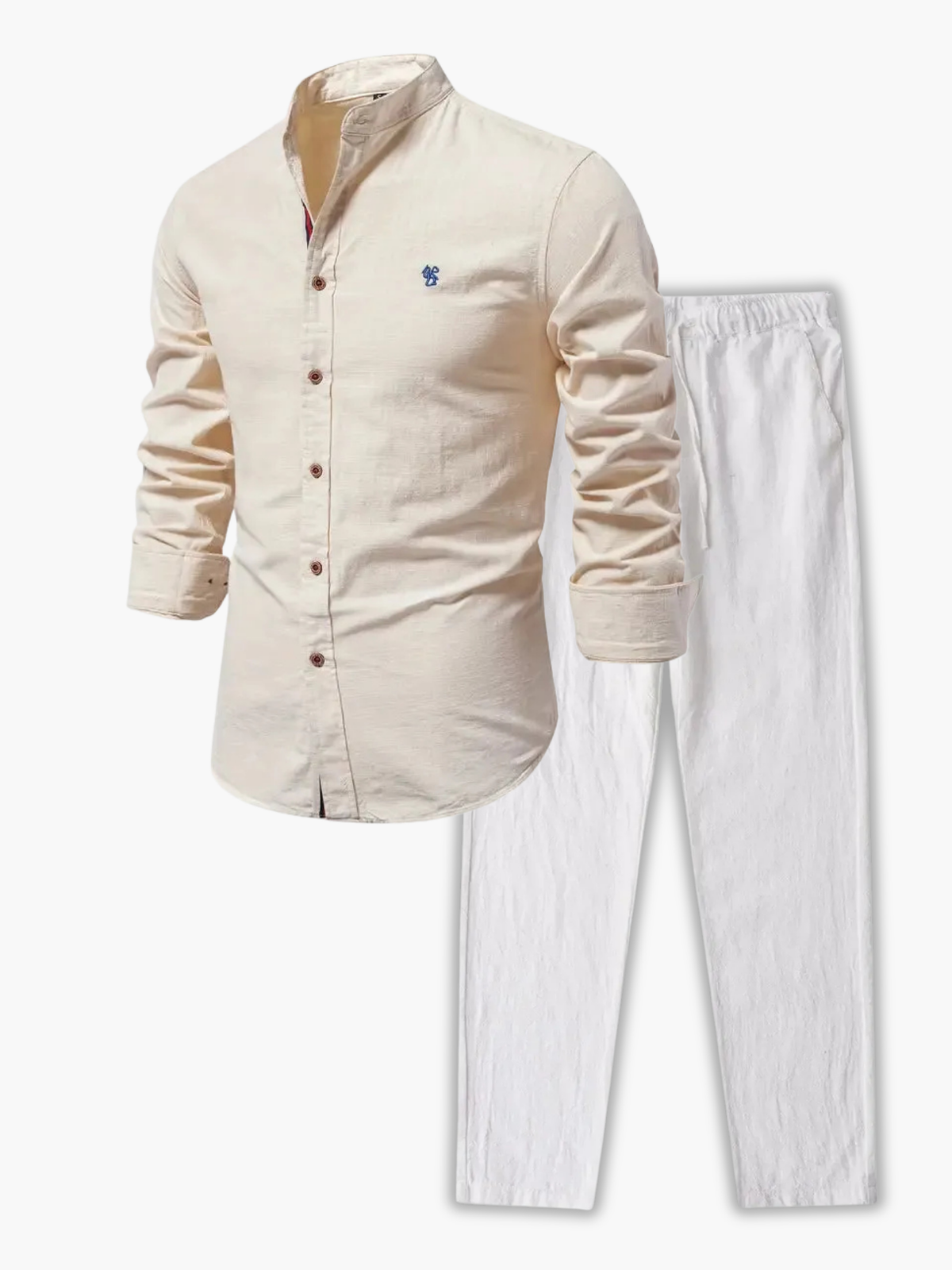 Ensemble de chemise à col mandarin et pantalon - Beige