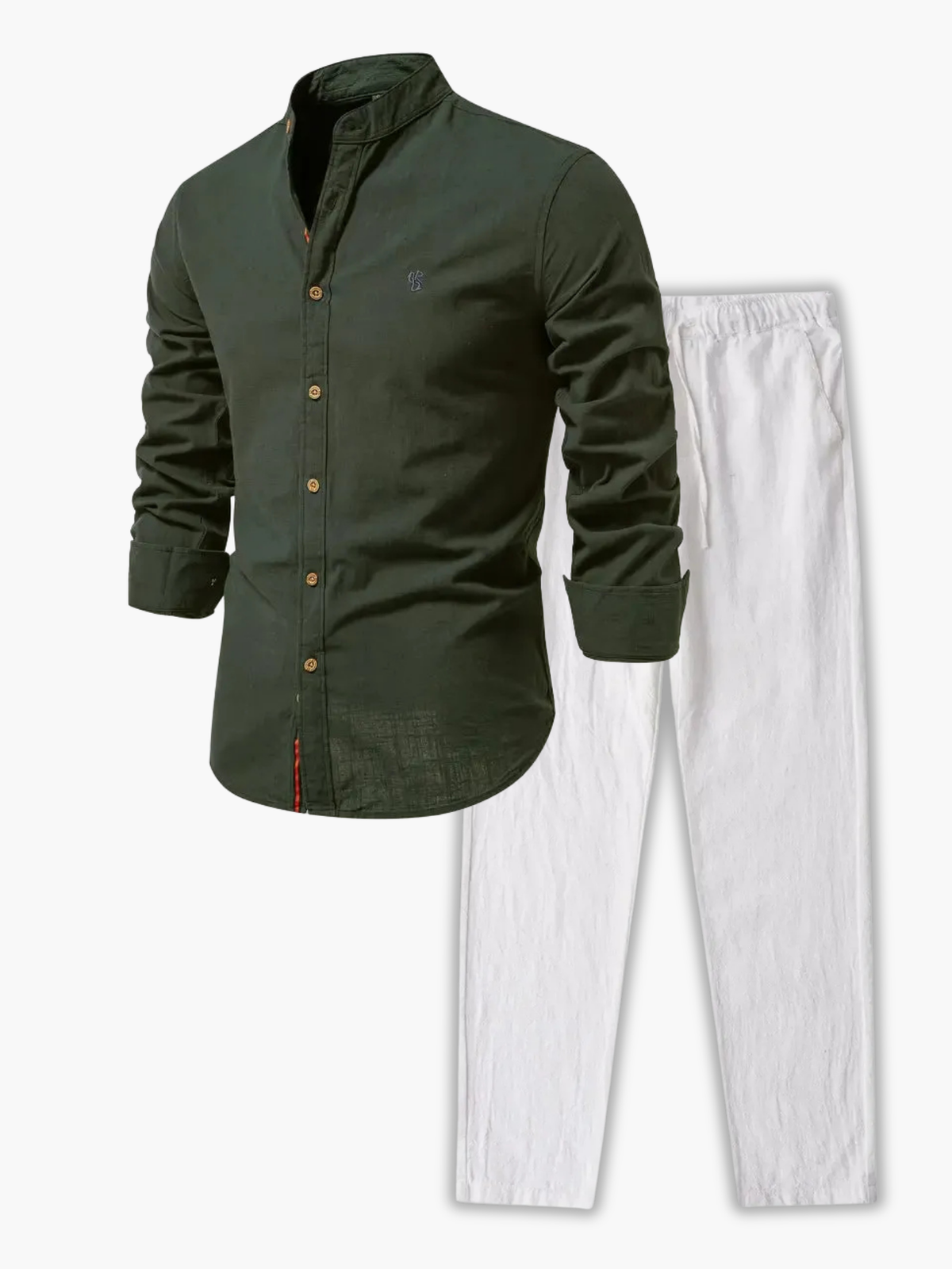 Ensemble de chemise à col mandarin et pantalon - Vert armée