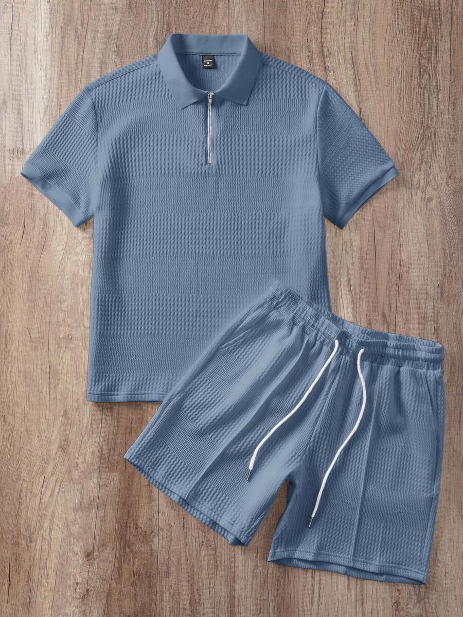 Ensemble de polo texturé pour homme et shorts - Bleu-gris