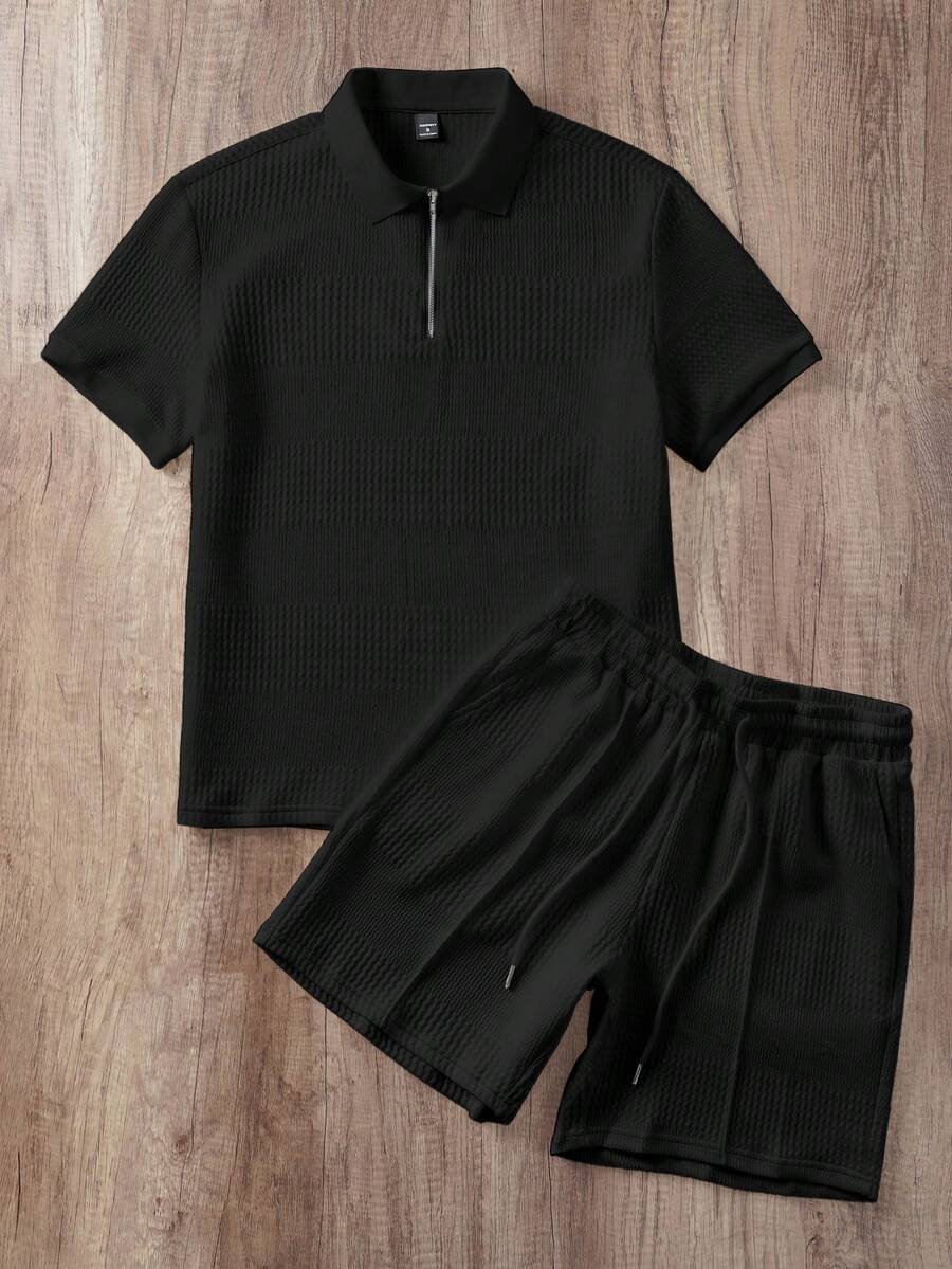 Ensemble de polo texturé pour homme et shorts - Noir