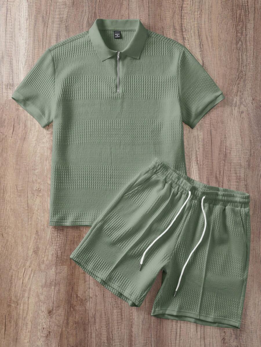 Ensemble de polo texturé pour homme et shorts - Vert sauge