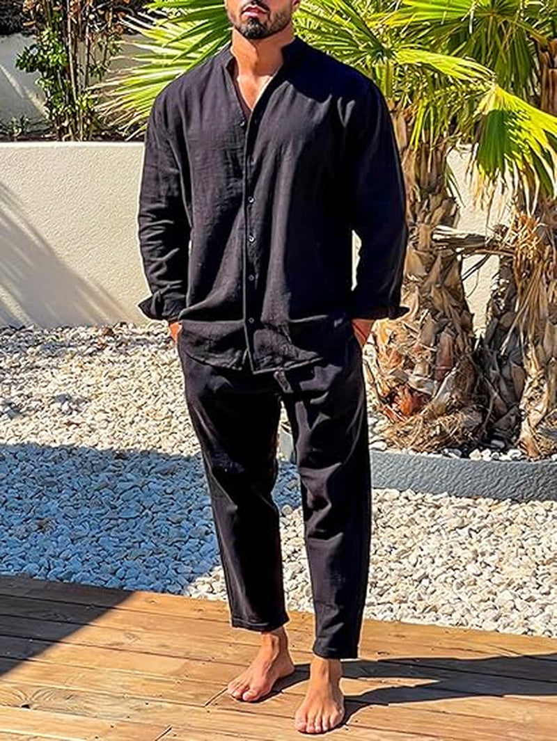 Ensemble décontracté en lin pour homme – Chemise à col montant et pantalon - image 3