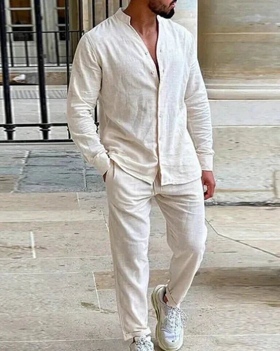 Ensemble décontracté en lin pour homme – Chemise à col montant et pantalon - Beige