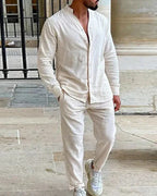 Ensemble décontracté en lin pour homme – Chemise à col montant et pantalon - Beige