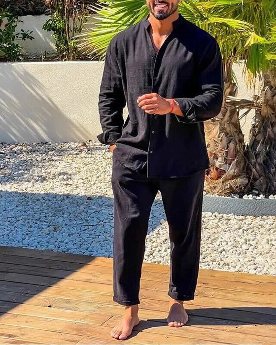 Ensemble décontracté en lin pour homme – Chemise à col montant et pantalon - Noir