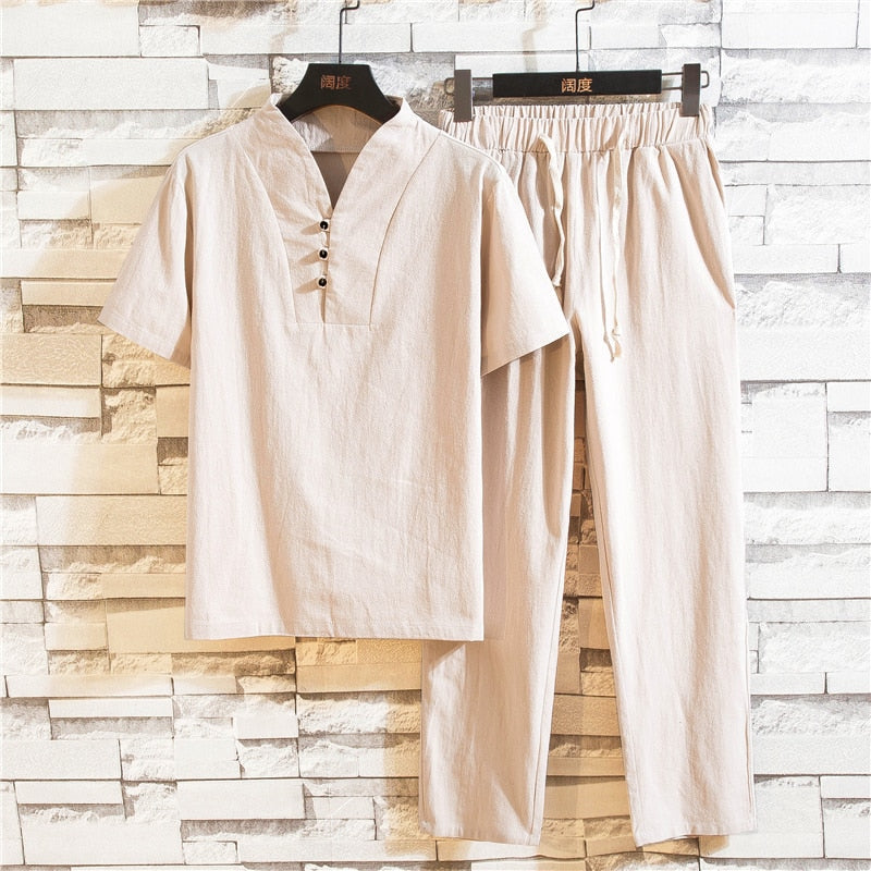 Ensemble Décontracté Homme en Lin – Tenue Deux Pièces Légère d’Été - Beige