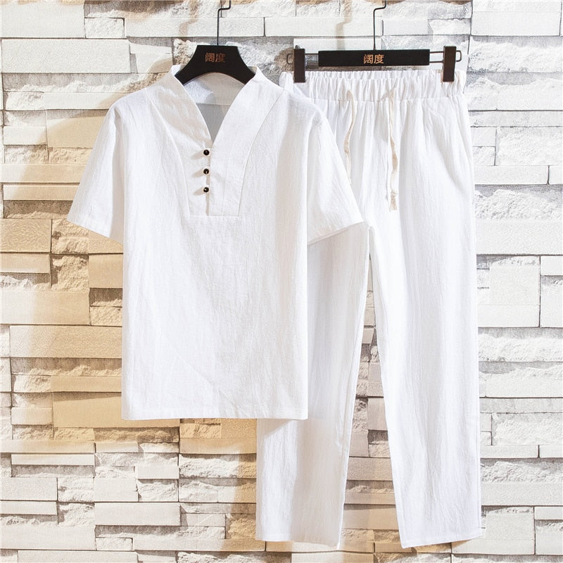 Ensemble Décontracté Homme en Lin – Tenue Deux Pièces Légère d’Été - Blanc