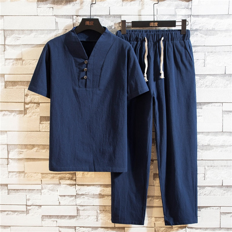 Ensemble Décontracté Homme en Lin – Tenue Deux Pièces Légère d’Été - Bleu