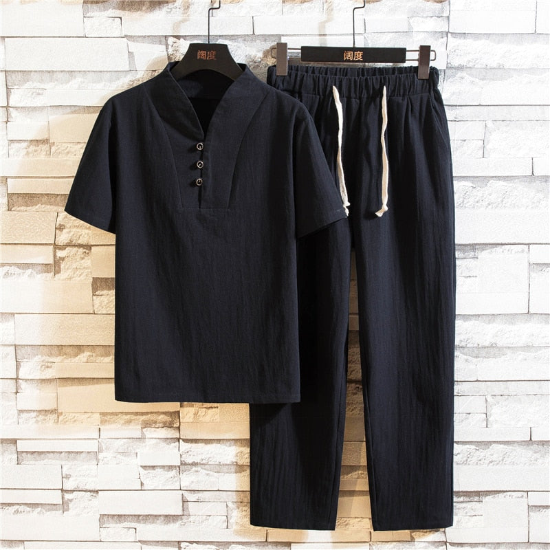 Ensemble Décontracté Homme en Lin – Tenue Deux Pièces Légère d’Été - Noir