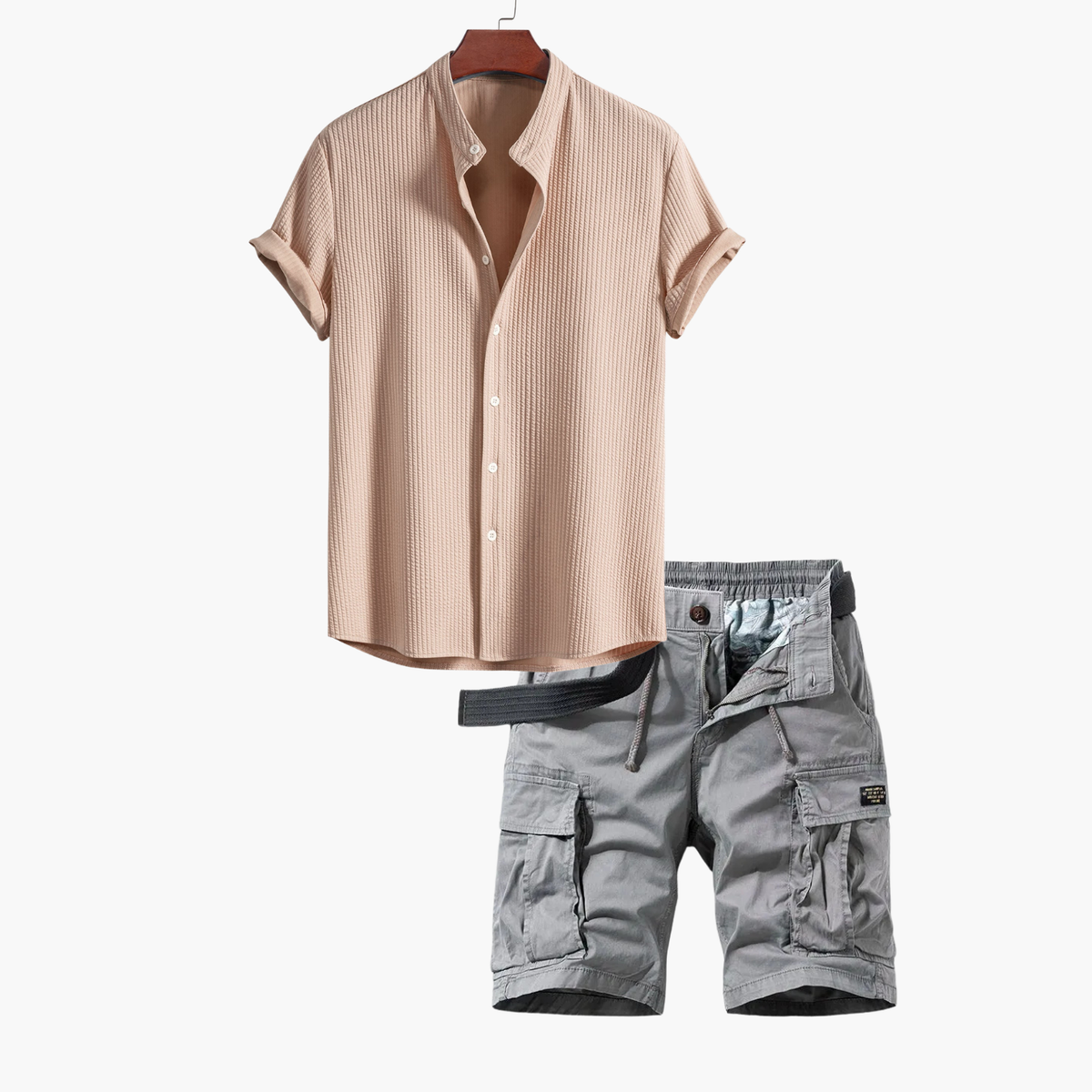 Ensemble homme chemise col mao cargo - Beige