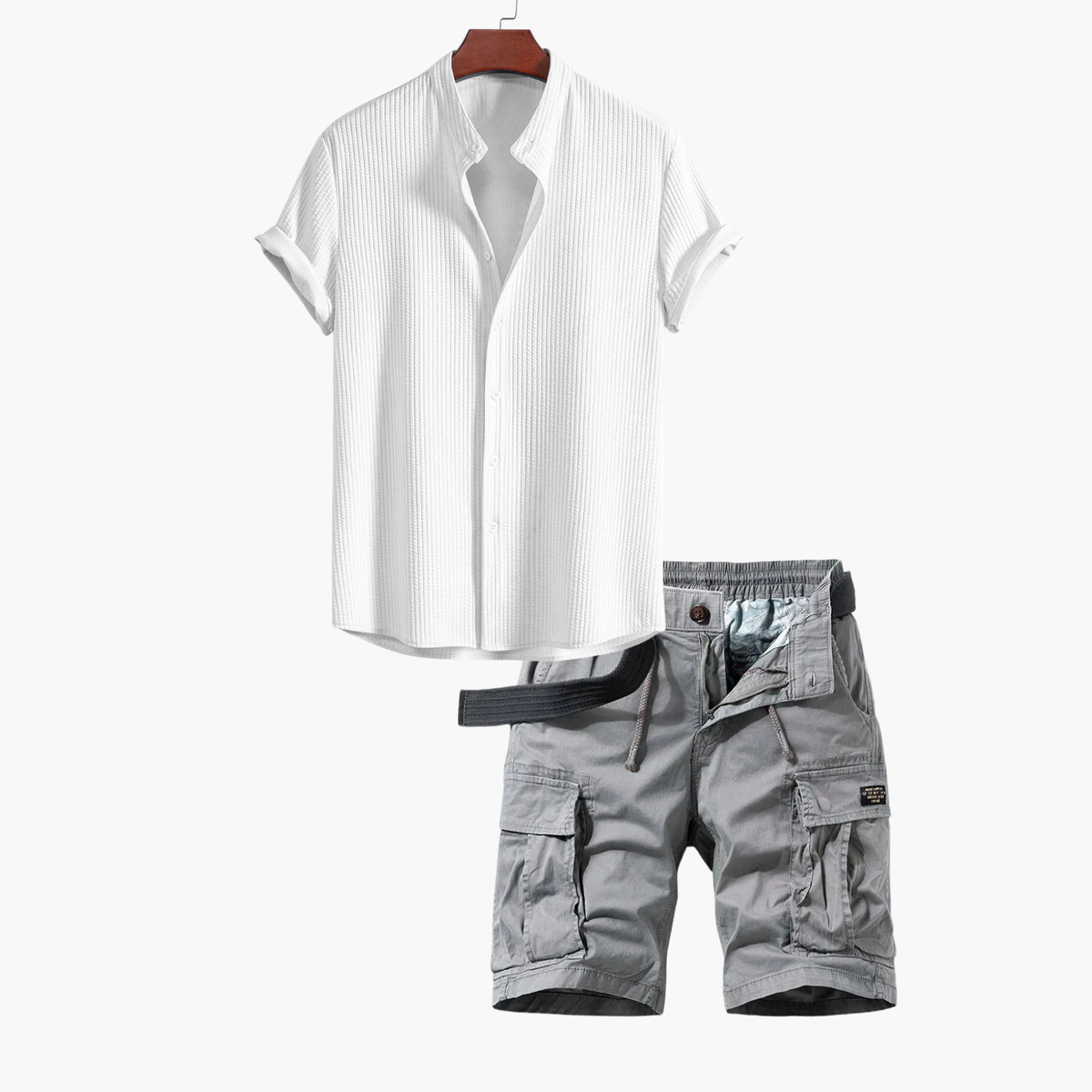 Ensemble homme chemise col mao cargo - Blanc