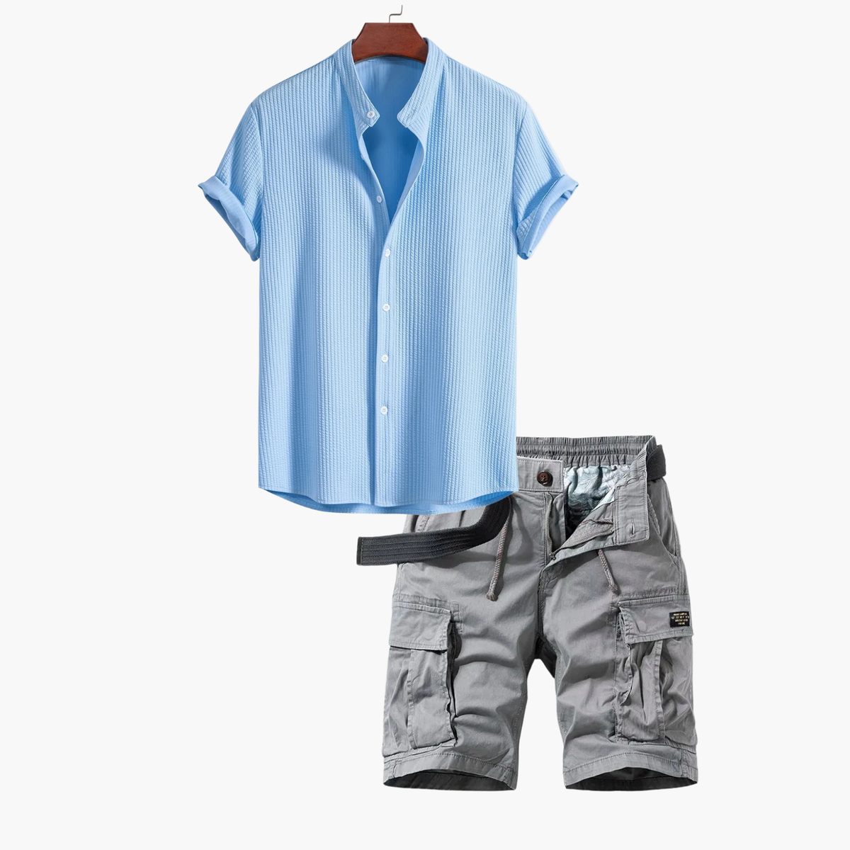 Ensemble homme chemise col mao cargo - Bleu clair
