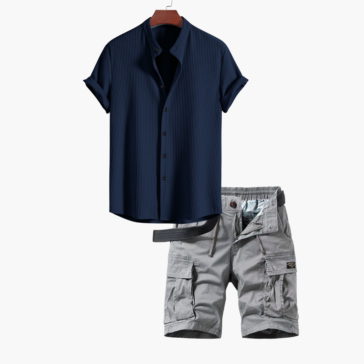 Ensemble homme chemise col mao cargo - Bleu marine