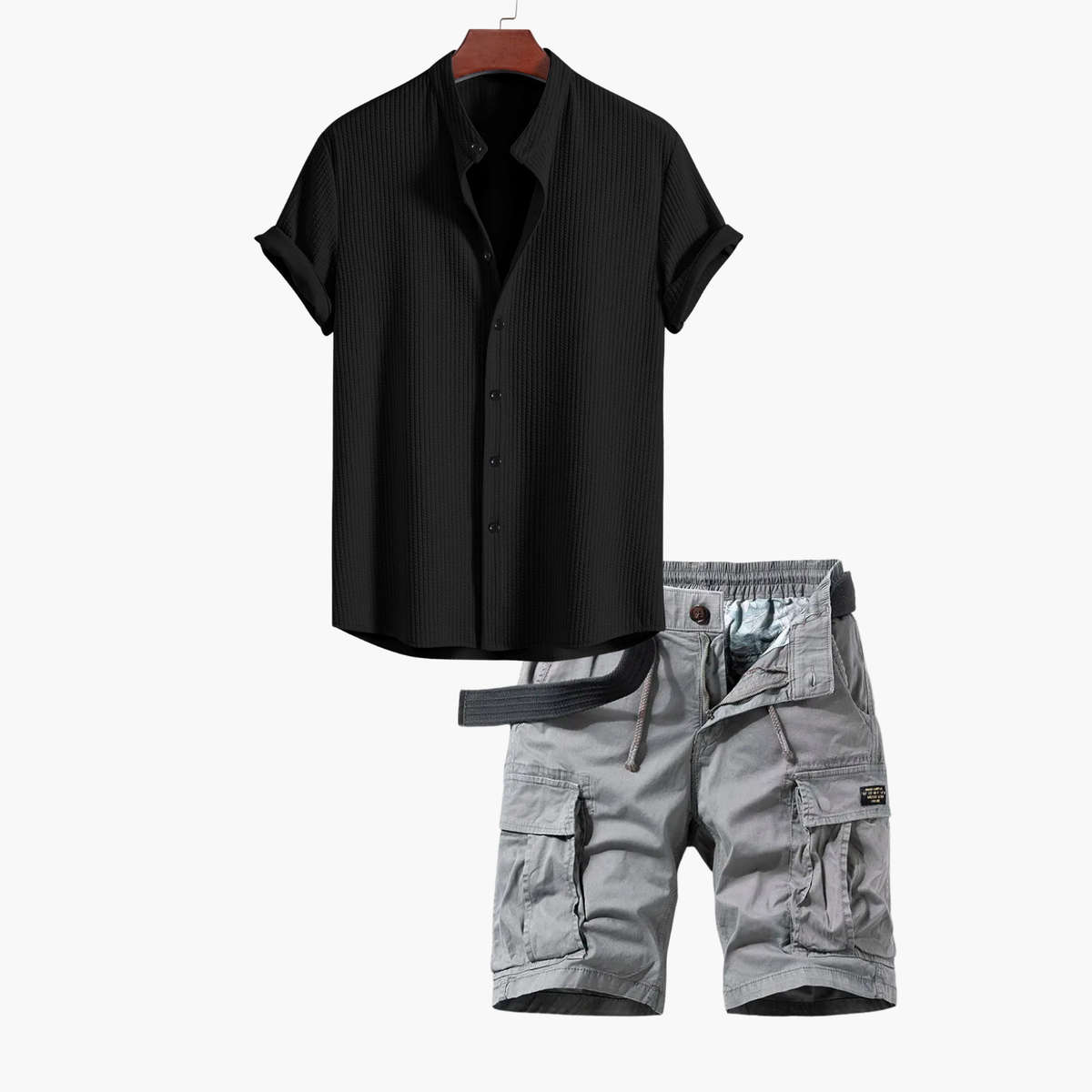 Ensemble homme chemise col mao cargo - Noir