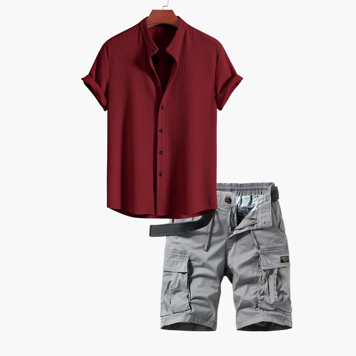 Ensemble homme chemise col mao cargo - Rouge