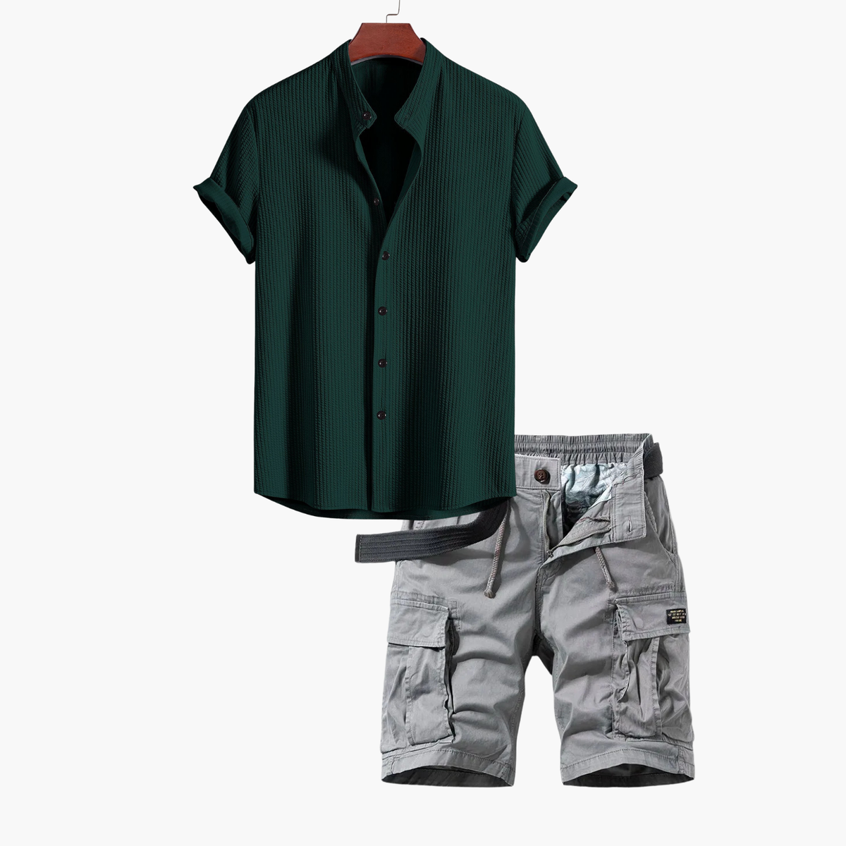 Ensemble homme chemise col mao cargo - Vert fonce