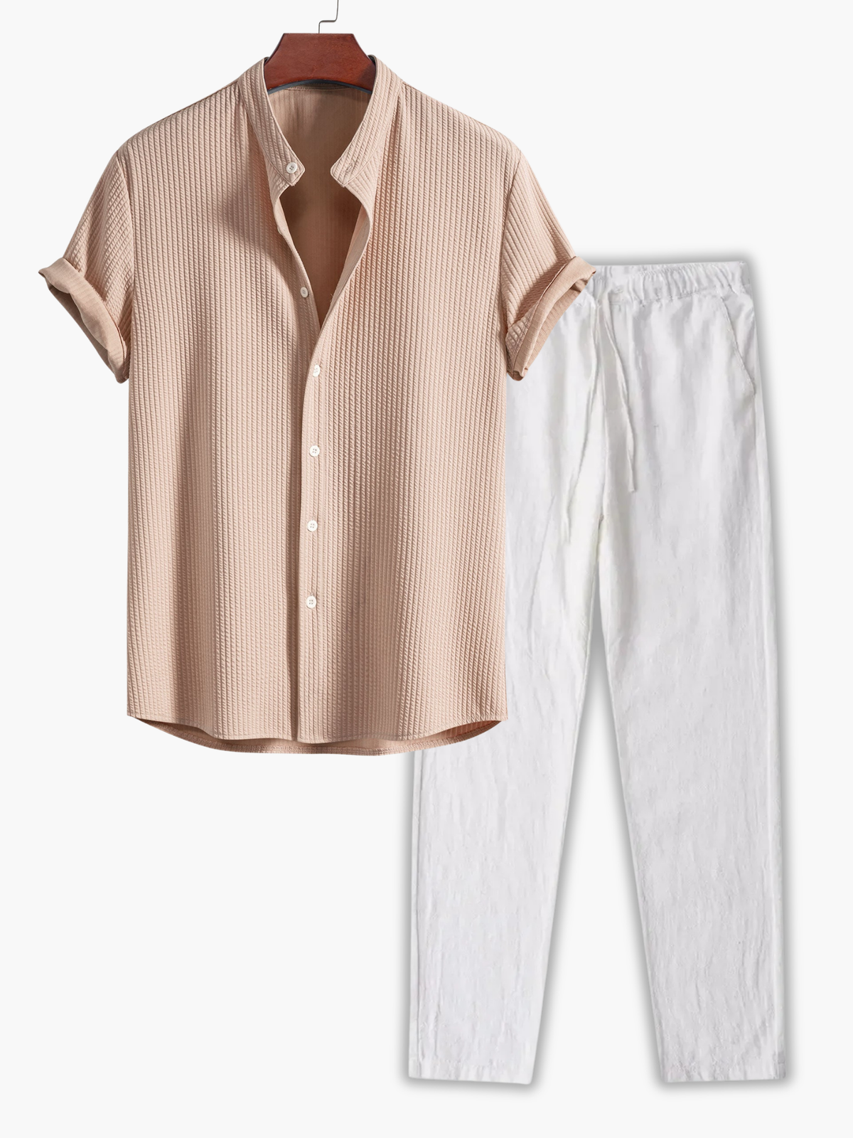 Ensemble homme chemise col mao et pantalon - Beige