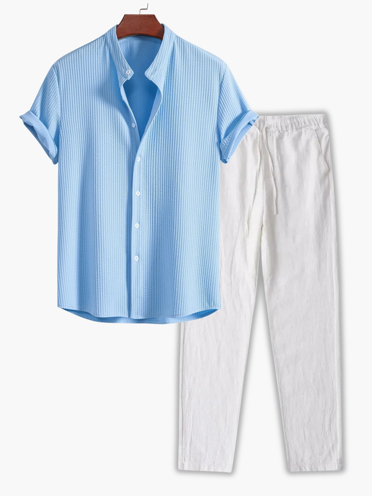 Ensemble homme chemise col mao et pantalon - Bleu clair