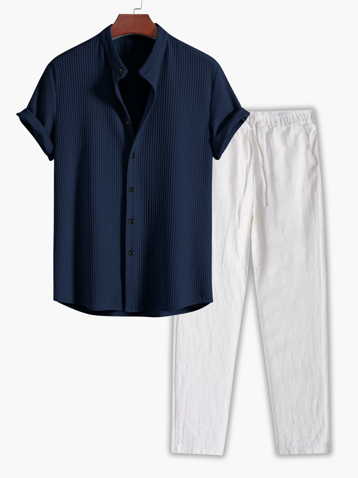 Ensemble homme chemise col mao et pantalon - Bleu marine