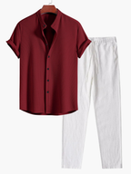 Ensemble homme chemise col mao et pantalon - Rouge foncé
