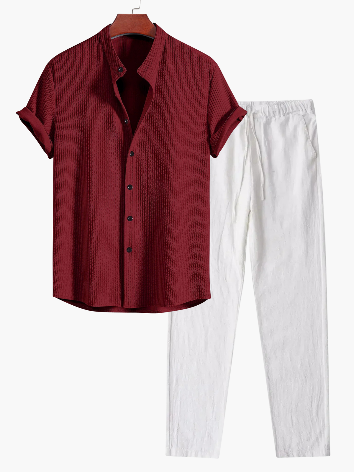 Ensemble homme chemise col mao et pantalon - Rouge foncé