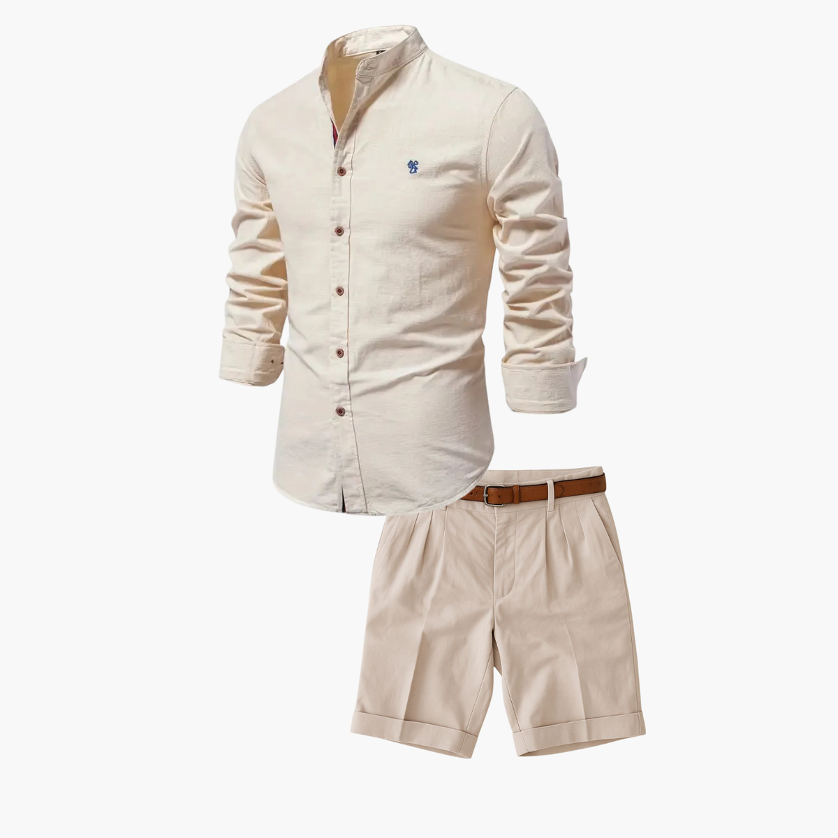 Ensemble homme chemise col mao et short - Abricot