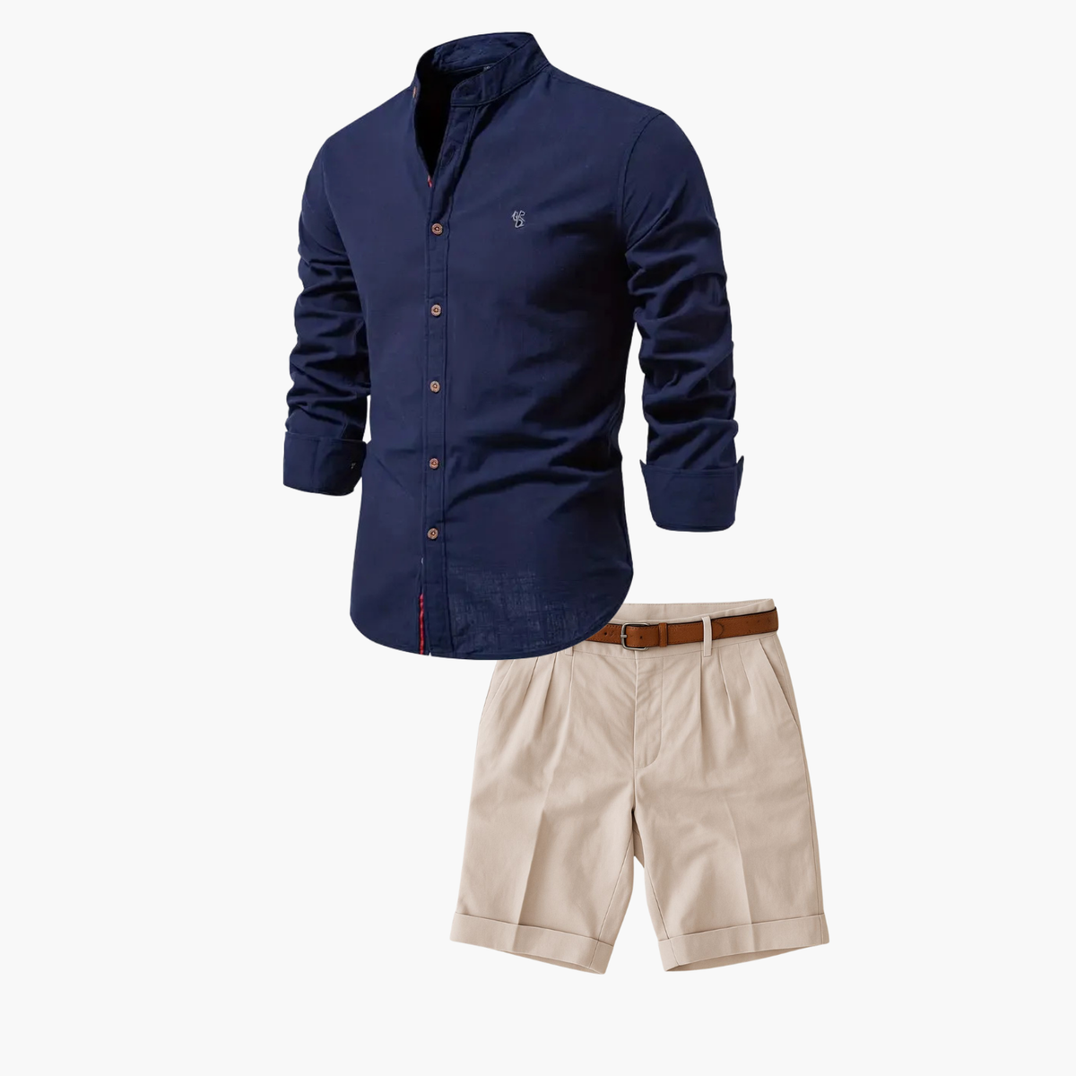 Ensemble homme chemise col mao et short - Bleu marine