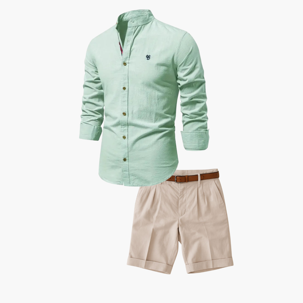 Ensemble homme chemise col mao et short - Vert