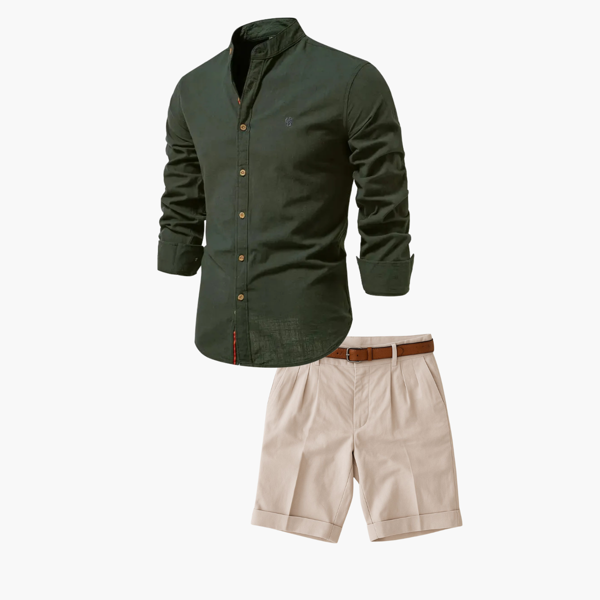 Ensemble homme chemise col mao et short - Vert armée