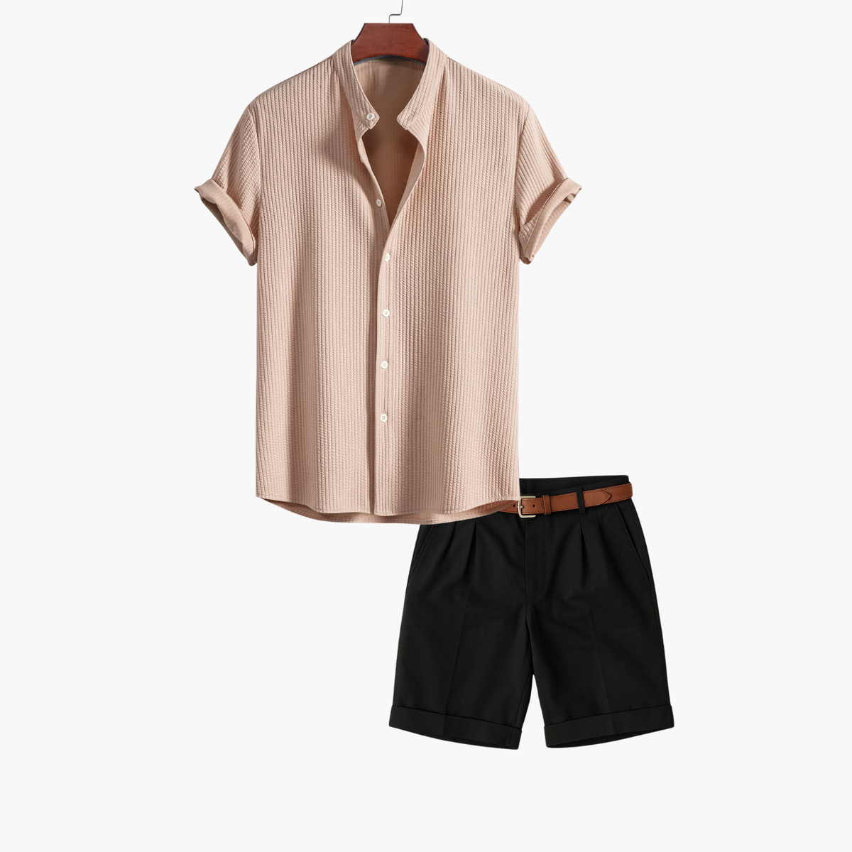Ensemble homme chemise col montant et short - Beige