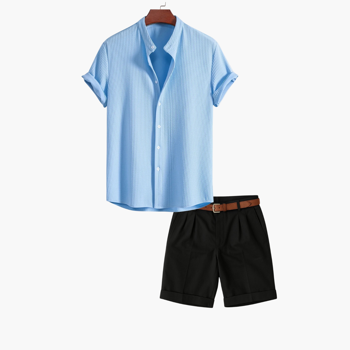 Ensemble homme chemise col montant et short - Bleu clair