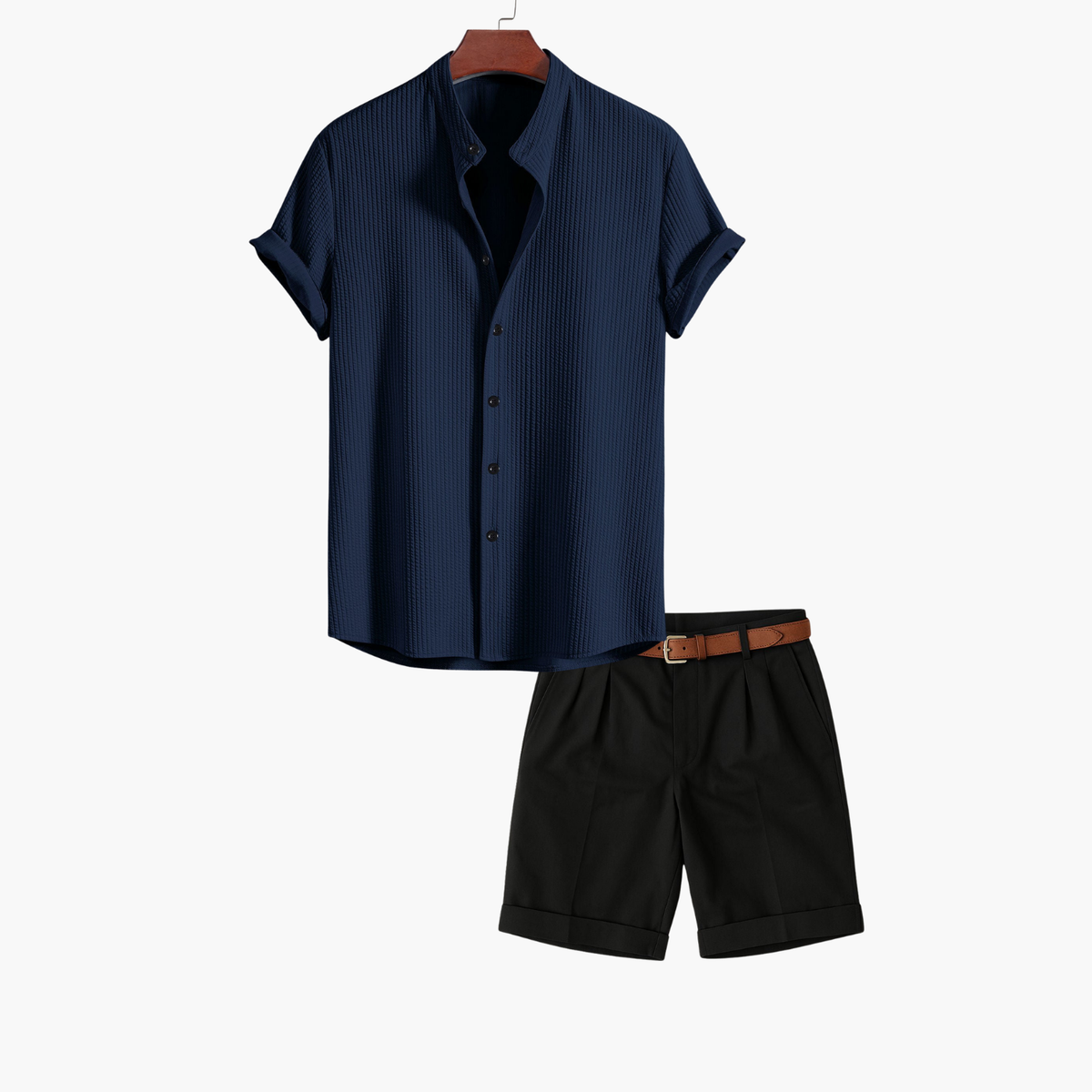 Ensemble homme chemise col montant et short - Bleu marine