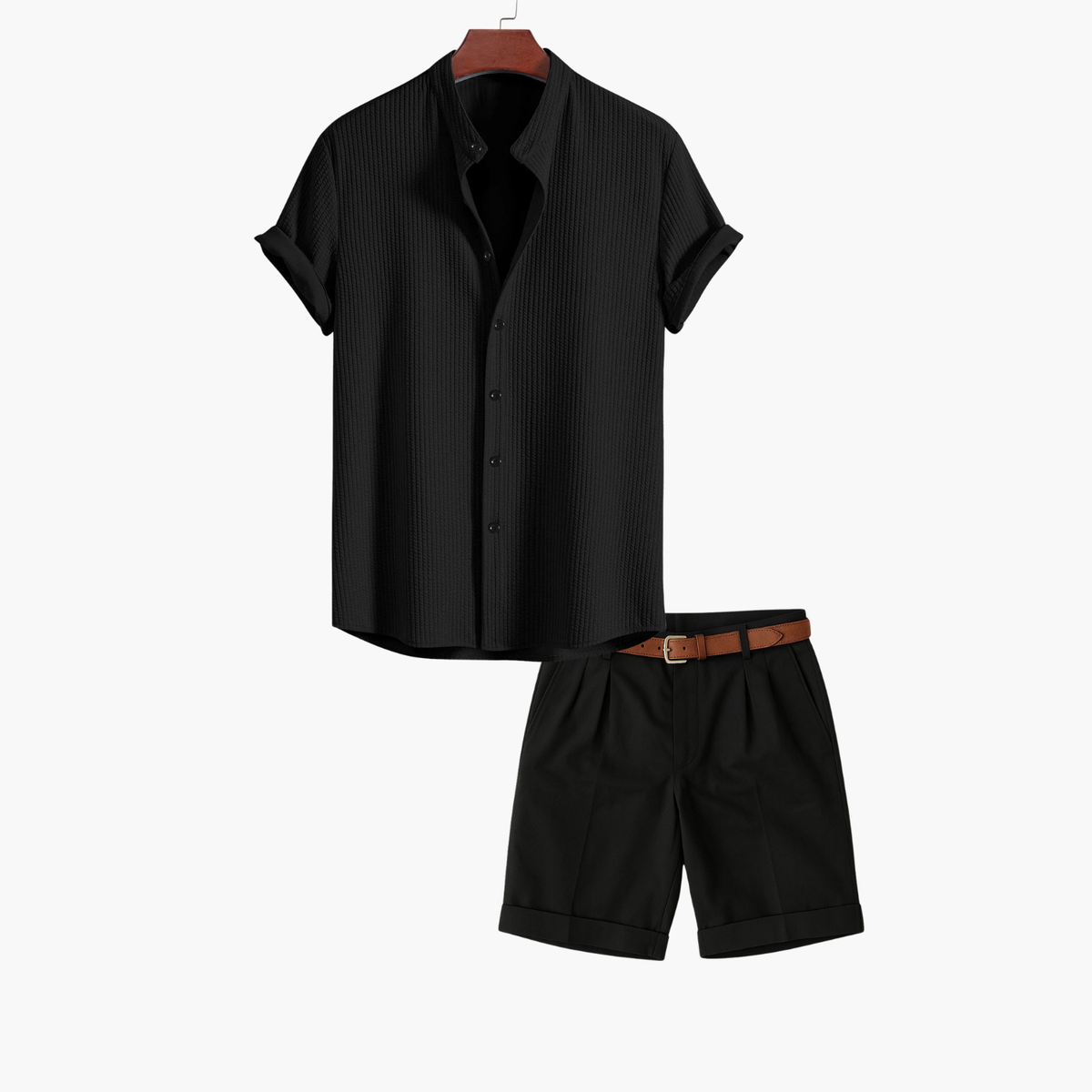 Ensemble homme chemise col montant et short - Noir