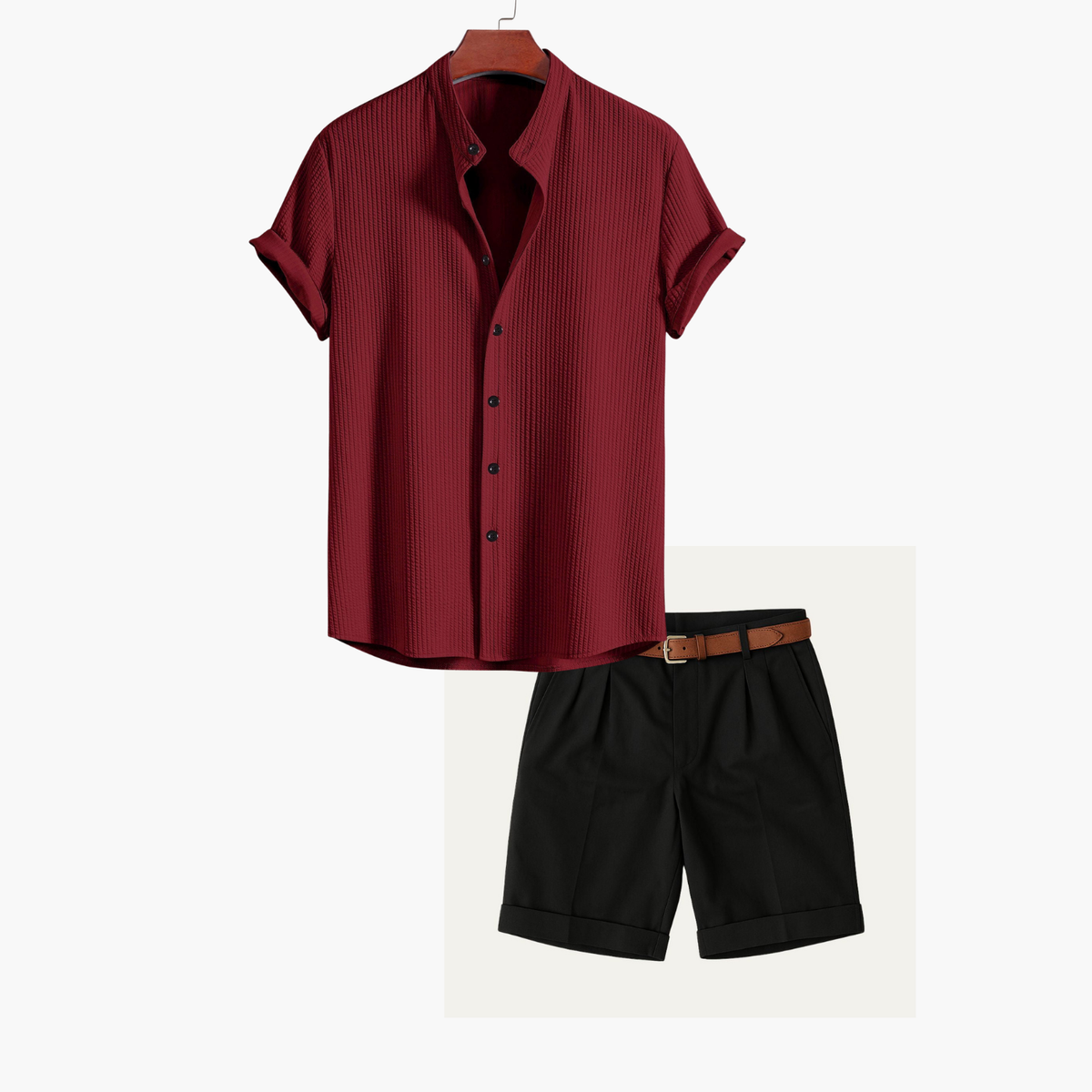 Ensemble homme chemise col montant et short - Rouge