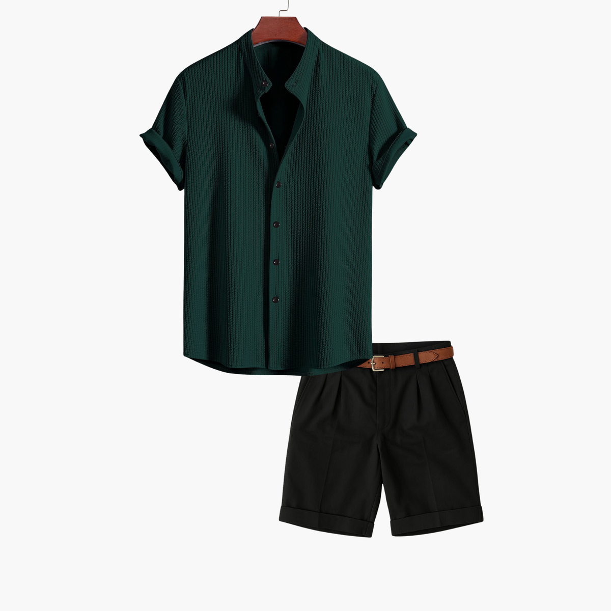 Ensemble homme chemise col montant et short - Vert fonce