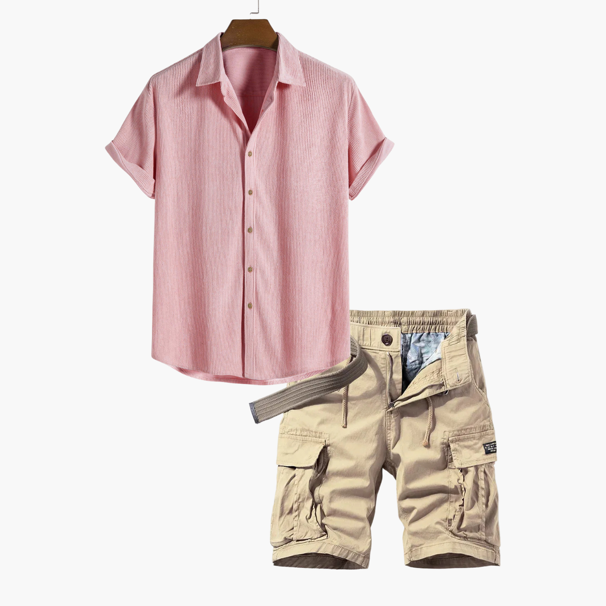 Ensemble homme chemise rayée et cargo - Rose