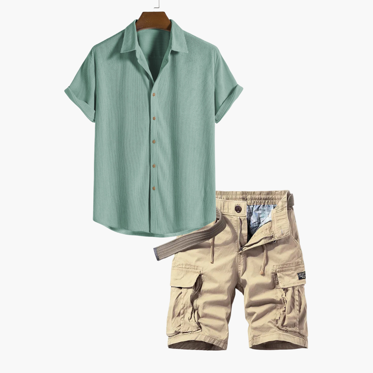 Ensemble homme chemise rayée et cargo - Vert clair