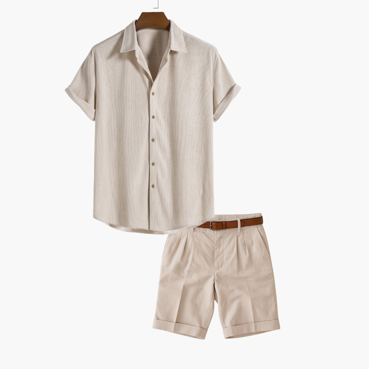 Ensemble homme chemise rayée et short - Beige